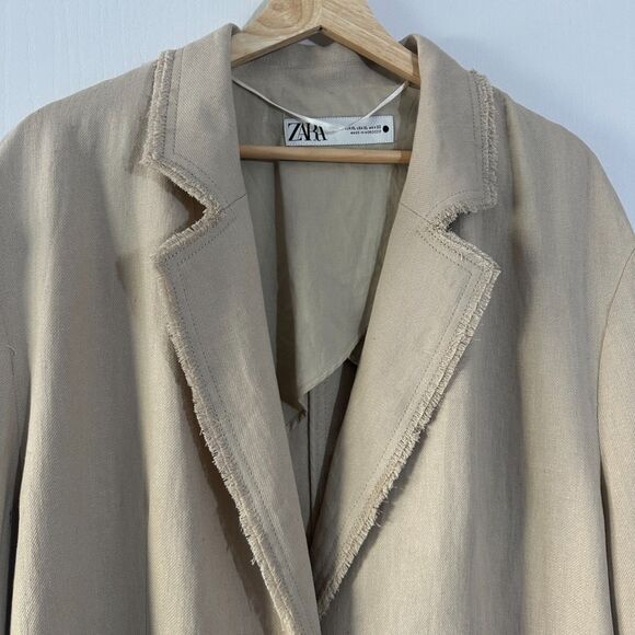 Zara Womens Oversized Linen Blend Fray Hem 3 Button Tan Beige Blazer Size XL NWT - Picture 2 of 9